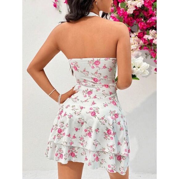 NIP Vacation Halter Neck Floral Print Backless Dress, Size Medium (6) - Picture 2 of 11